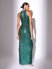 Lipsy Teal Blue Sequin Halter Ruched Maxi Dress - Image 4 of 4
