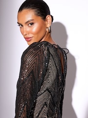 Lipsy Black Sequin V-Neck Puff Long Sleeve Midaxi Dress - Image 2 of 4