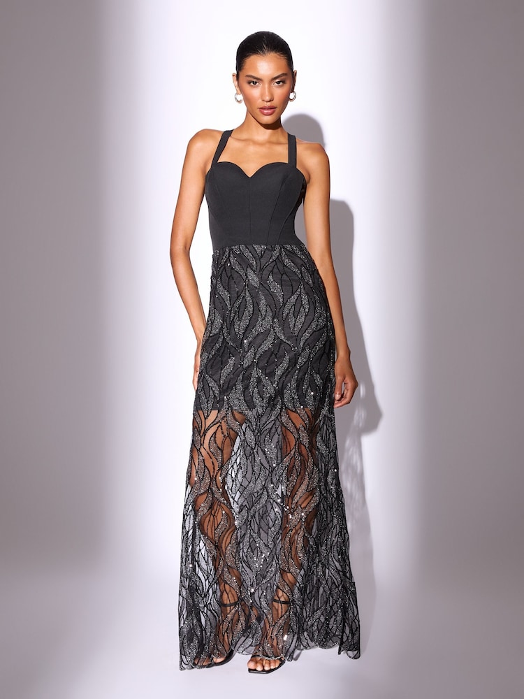 Lipsy Black Corset Detail Sequin Sheer Skirt Maxi Dress - Image 1 of 4