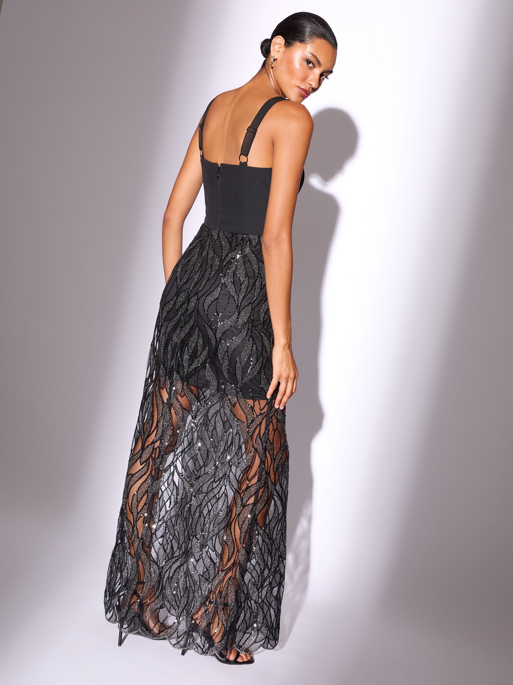 Buy Lipsy Black Corset Detail Sequin Sheer Skirt Maxi Dress from