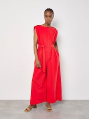 Apricot Red Wide Leg Self Tie 100% Cotton Jumpsuit - Image 1 of 4