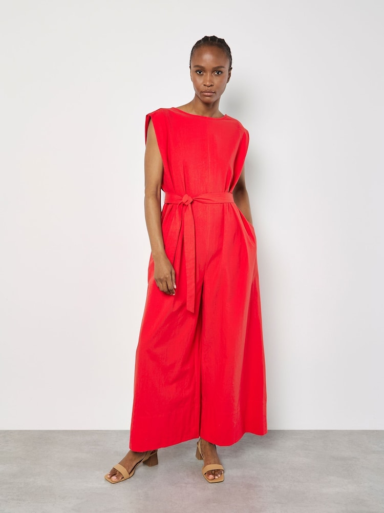 Apricot Red Wide Leg Self Tie 100% Cotton Jumpsuit - Image 1 of 4