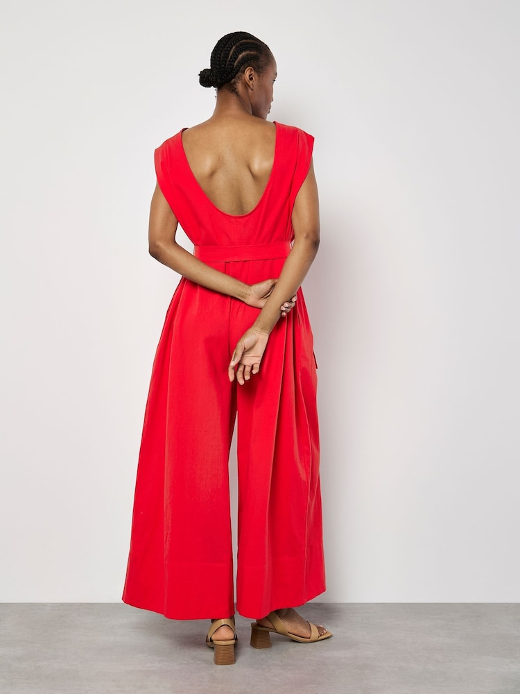 Apricot Red Wide Leg Self Tie 100% Cotton Jumpsuit - Image 2 of 4