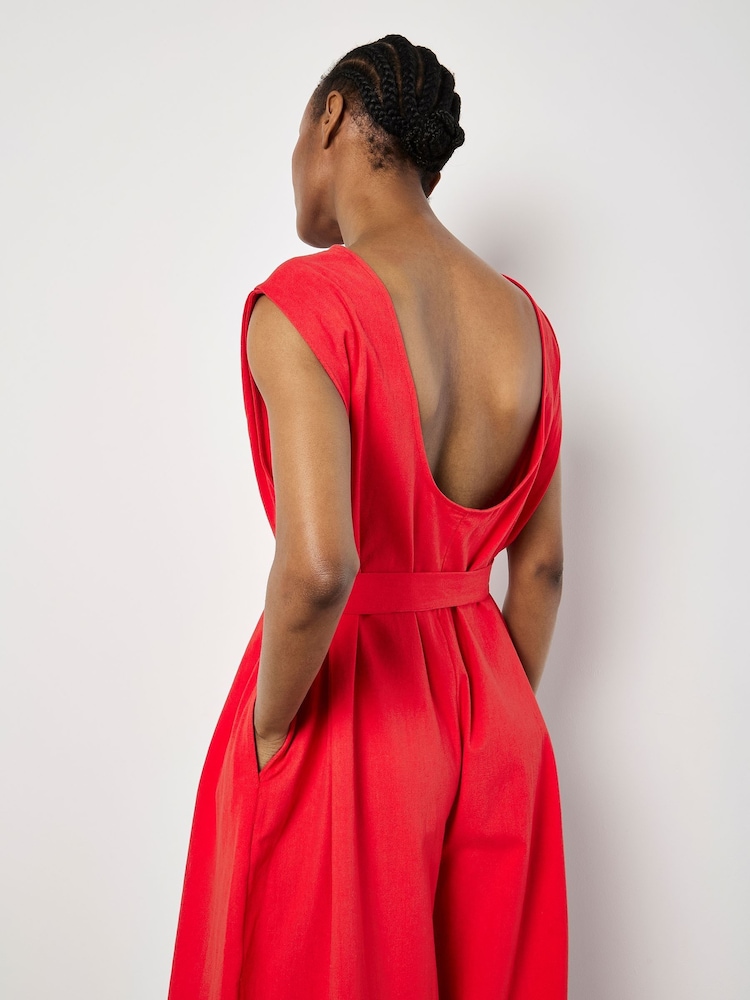 Apricot Red Wide Leg Self Tie 100% Cotton Jumpsuit - Image 3 of 4