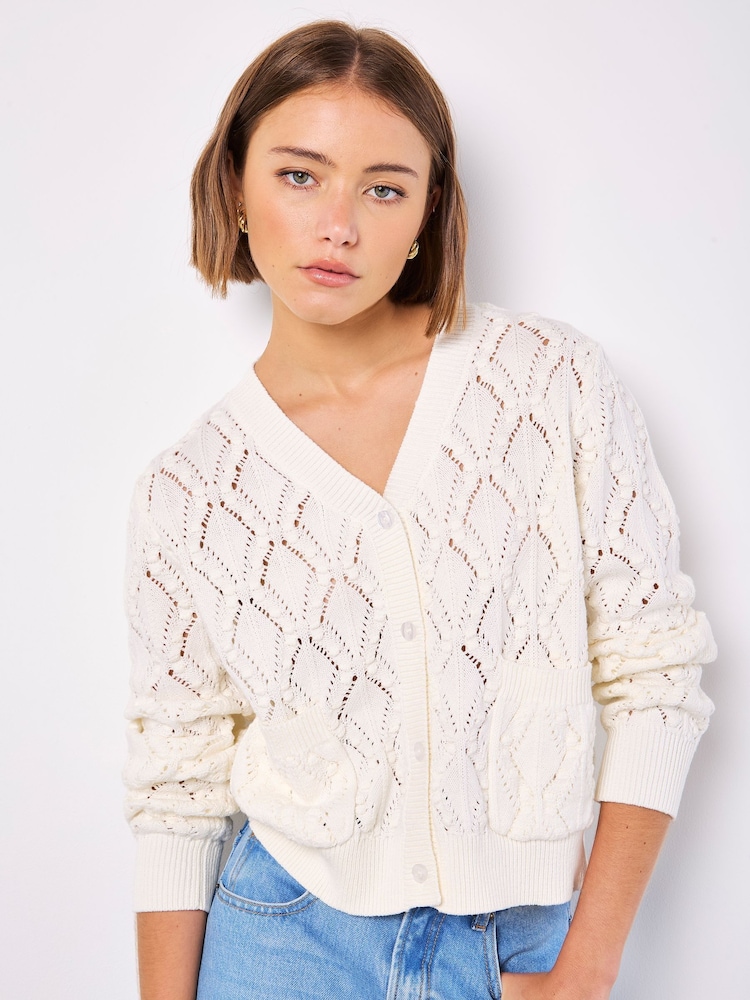 Apricot White Pointelle Knitted Cardigan - Image 1 of 4