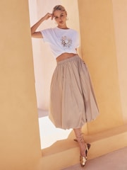 Apricot Natural Puff Hem Elastic Waist 100% Cotton Midi Skirt - Image 1 of 5