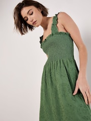 Apricot Green Embroidery Milkmaid 100% Cotton Midi Dress - Image 1 of 4