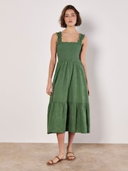 Apricot Green Embroidery Milkmaid 100% Cotton Midi Dress - Image 2 of 4