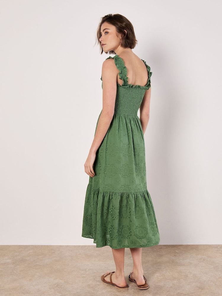 Apricot Green Embroidery Milkmaid 100% Cotton Midi Dress - Image 3 of 4