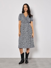 Apricot Blue Mono Floral Print Midi Dress - Image 1 of 4