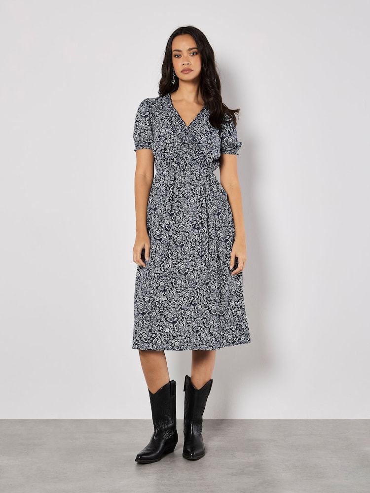Apricot Blue Mono Floral Print Midi Dress - Image 1 of 4