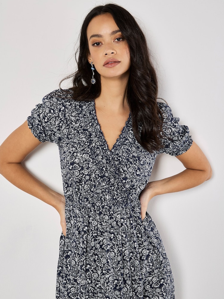 Apricot Blue Mono Floral Print Midi Dress - Image 2 of 4