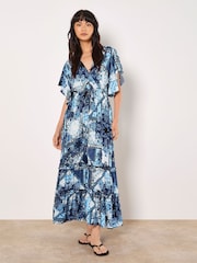 Apricot Blue Patchwork Ruffle Tiered Midi Dress - Image 1 of 5