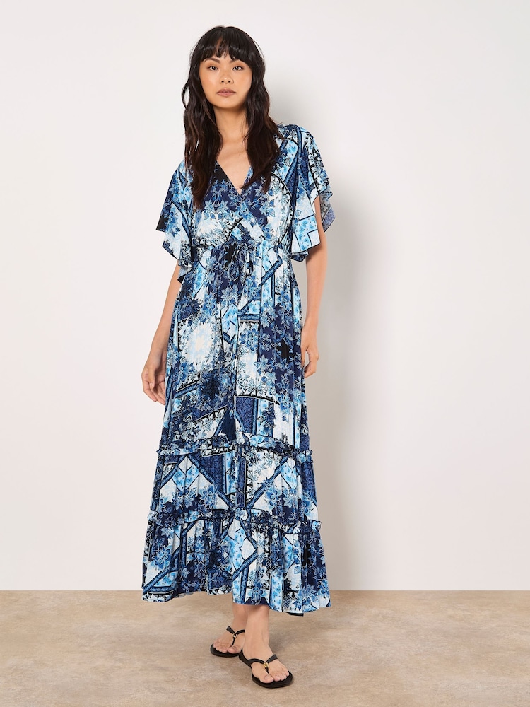Apricot Blue Patchwork Ruffle Tiered Midi Dress - Image 1 of 5