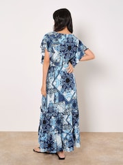 Apricot Blue Patchwork Ruffle Tiered Midi Dress - Image 4 of 5