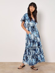 Apricot Blue Patchwork Ruffle Tiered Midi Dress - Image 5 of 5