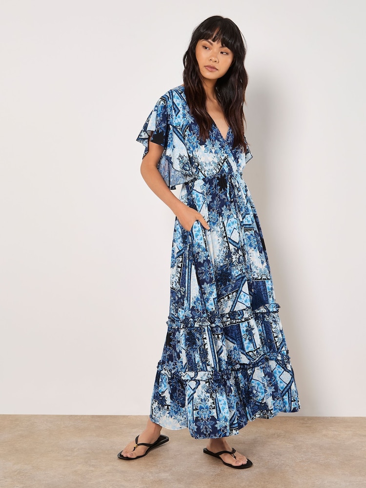 Apricot Blue Patchwork Ruffle Tiered Midi Dress - Image 5 of 5