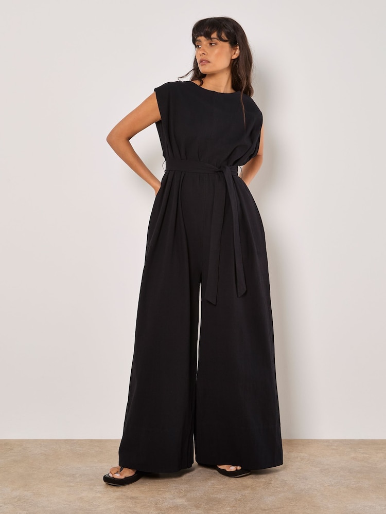 Apricot Black Wide Leg Self Tie 100% Cotton Jumpsuit - Image 1 of 5