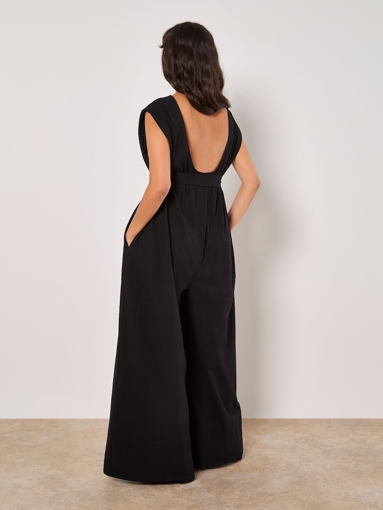 Apricot Black Wide Leg Self Tie 100% Cotton Jumpsuit - Image 2 of 5