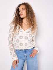 Apricot Cream Daisy Print Crochet Cardigan - Image 1 of 5
