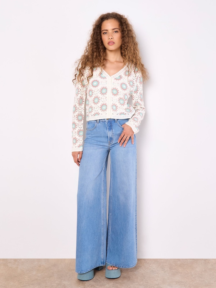 Apricot Cream Daisy Print Crochet Cardigan - Image 2 of 5