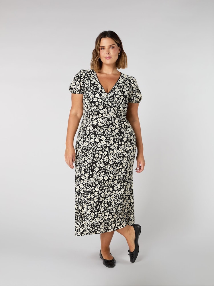 Live Unlimited Black Curve Petite Black floral Print Puff Sleeve Midi Dress - Image 1 of 2