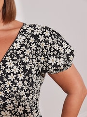 Live Unlimited Black Petite Curve Petite Black floral Print Puff Sleeve Midi Dress - Image 6 of 7