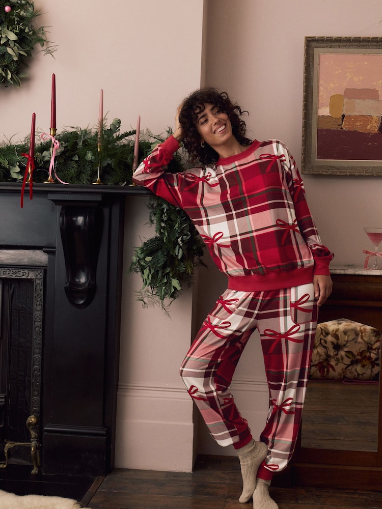 Red Check Bow Cosy Long Sleeve Pyjamas - Image 1 of 11 Red Check Bow Cosy Long Sleeve Pyjamas - Image 1 of 11