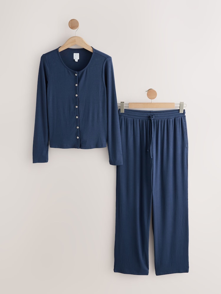 Navy Ribbed Long Sleeve Pyjamas - Image 1 of 4