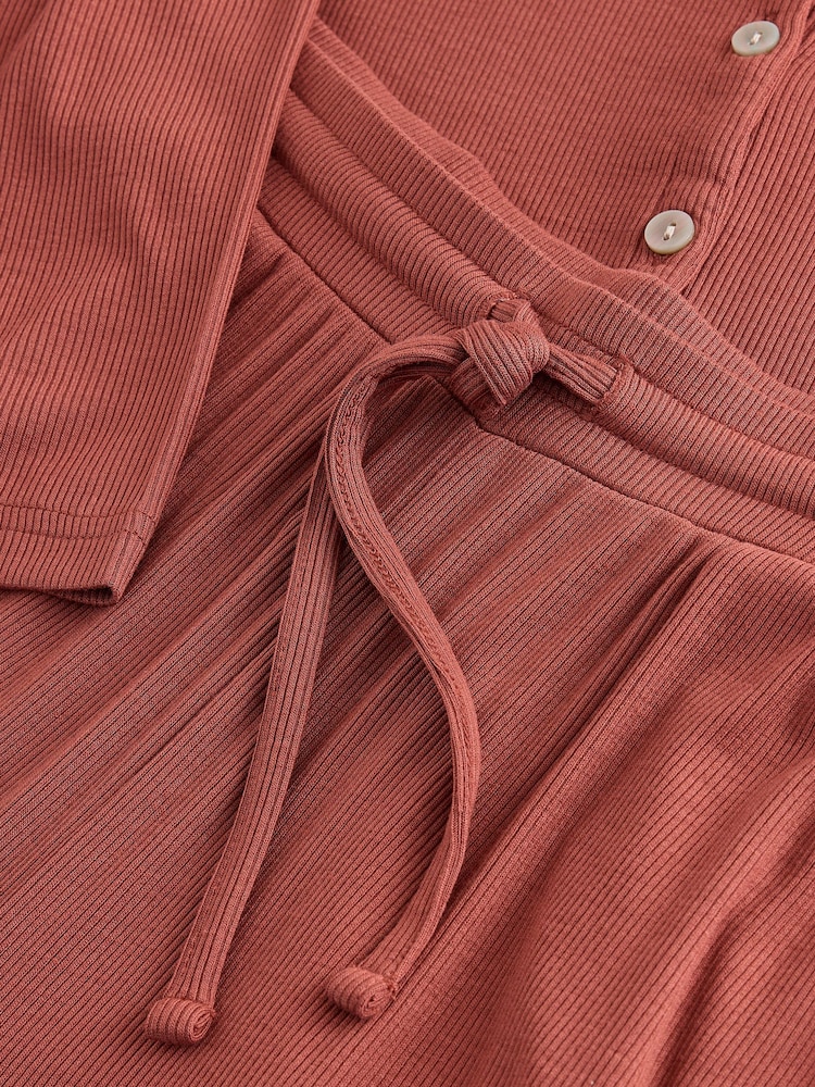 Rust Brown Ribbed Long Sleeve Pyjamas - Image 2 of 3 Rust Brown Ribbed Long Sleeve Pyjamas - Image 2 of 3