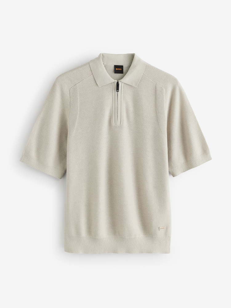BOSS Natural Kancello Zip Neck Knitted Polo Shirt - Image 1 of 1