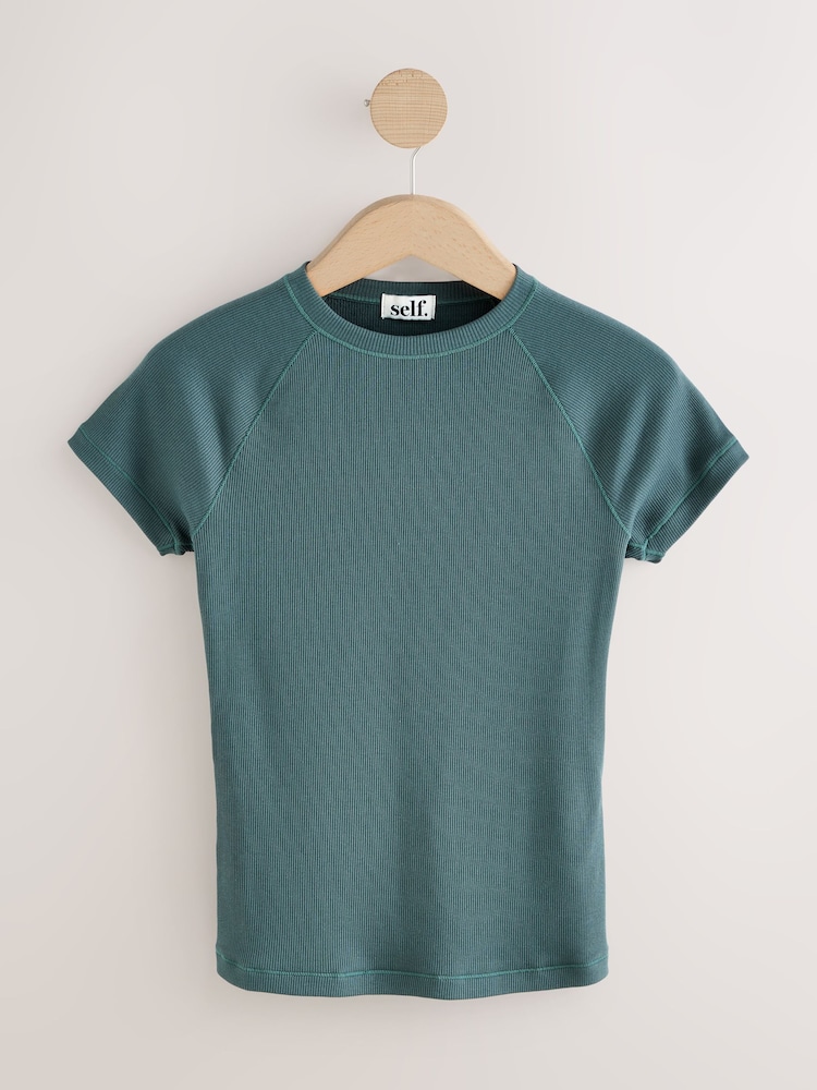 self. Teal Blue Fitted Rib T-Shirt - Image 1 of 3 self. Teal Blue Fitted Rib T-Shirt - Image 1 of 3