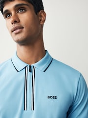 BOSS Blue Tipped Zip Neck Polo Shirt - Image 4 of 5