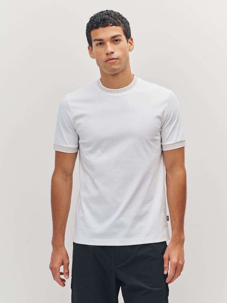 BOSS White Regluar Fit Tessler Tipped T-Shirt - Image 1 of 6 BOSS White Regluar Fit Tessler Tipped T-Shirt - Image 1 of 6
