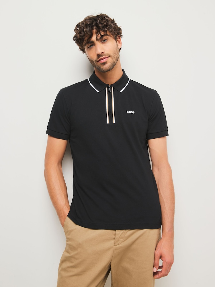 BOSS Black Tipped Zip Neck Polo Shirt - Image 1 of 5 BOSS Black Tipped Zip Neck Polo Shirt - Image 1 of 5