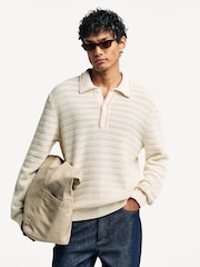 NN.07 Cream Josh Textured Long Sleeve Knit Polo Sweater - Image 1 of 8