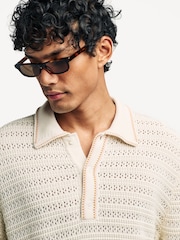 NN.07 Cream Josh Textured Long Sleeve Knit Polo Sweater - Image 5 of 8
