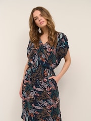 Kaffe Blue KAjenn V-Neck Short Sleeve Midi Dress - Image 1 of 6