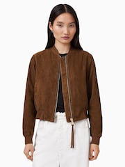 AllSaints Cognac Brown Orten Suede Bomber Jacket - Image 1 of 7