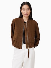 AllSaints Cognac Brown Orten Suede Bomber Jacket - Image 3 of 7