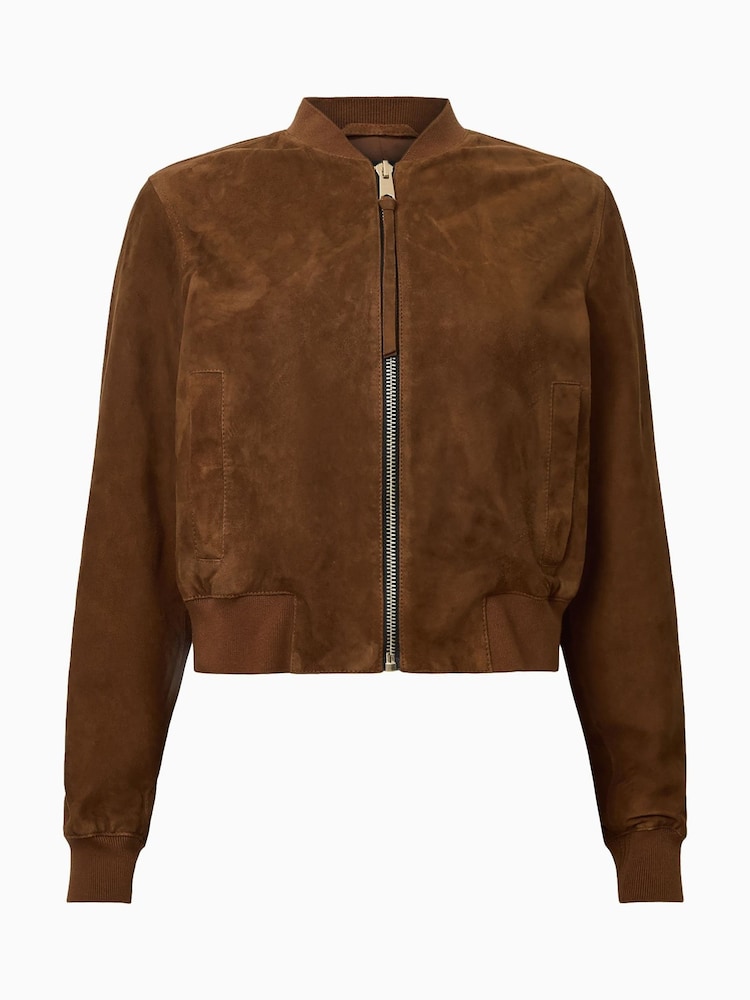 AllSaints Cognac Brown Orten Suede Bomber Jacket - Image 7 of 7