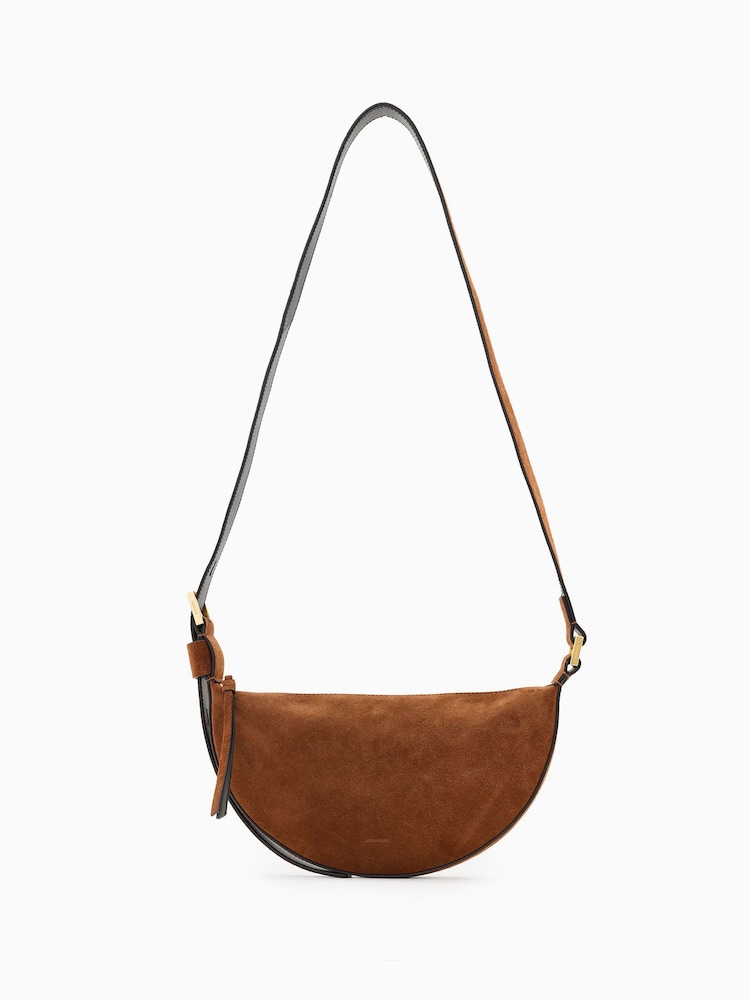 AllSaints Brown Halfmoon Suede Xbody Bag - Image 1 of 1