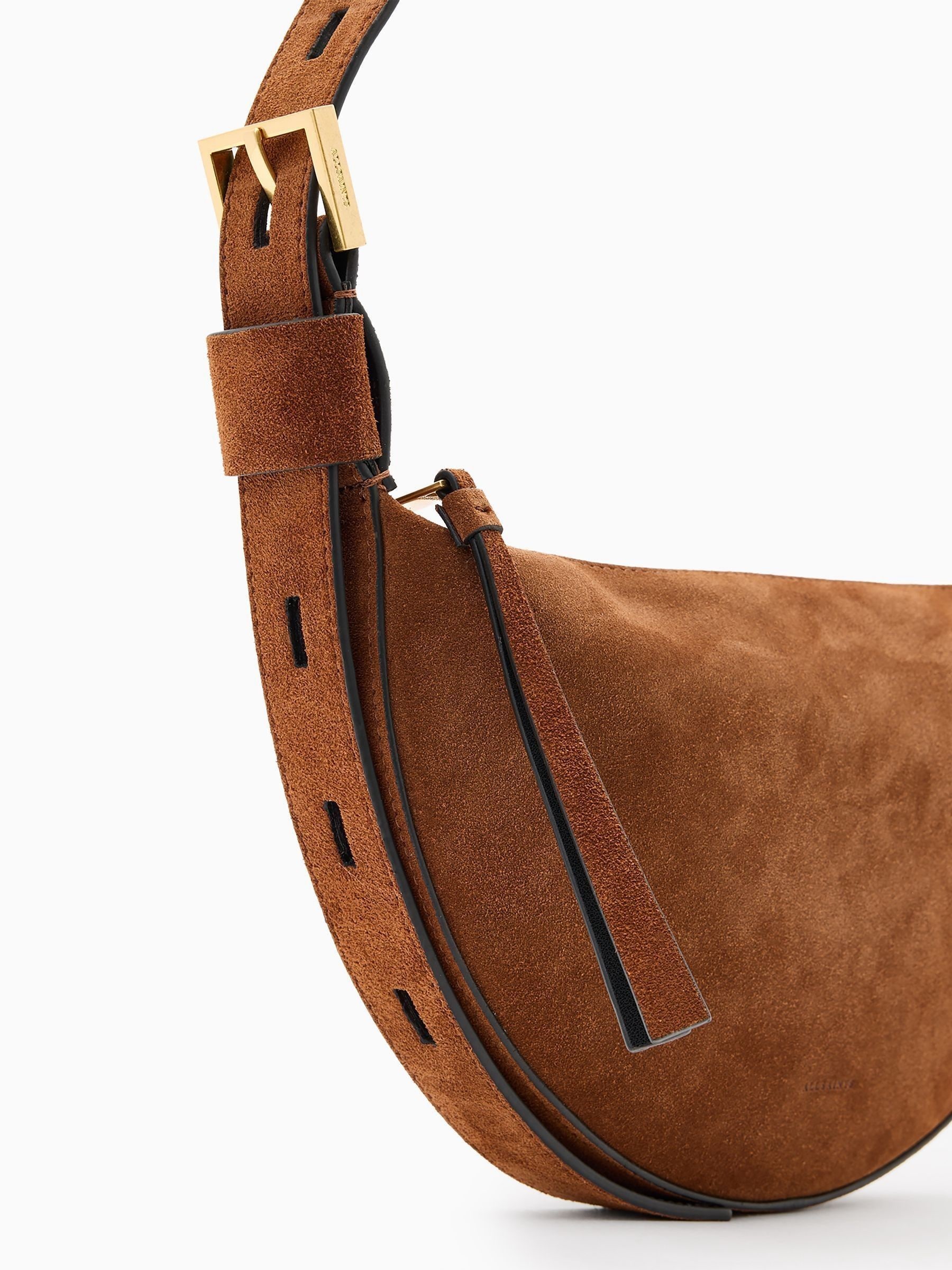 Przeglądaj Brązowy - AllSaints Halfmoon Suede Xbody Bag z