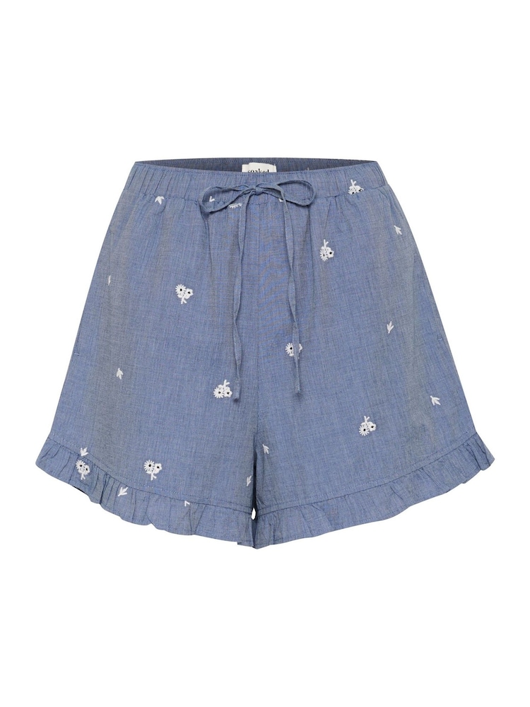 Soaked in Luxury Blue SLElly Drawstring 100% Cotton Waist Shorts - Image 1 of 2