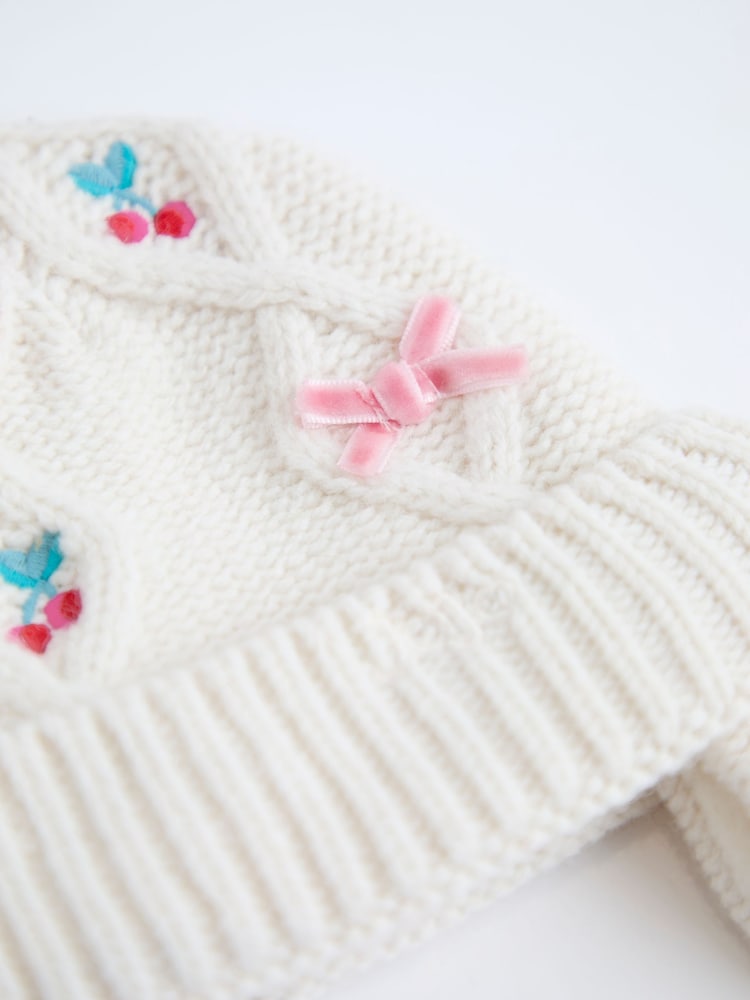 JoJo Maman Bébé Cream Cherry Cherry Bow Embroidered Knitted Hat - Image 3 of 3 JoJo Maman Bébé Cream Cherry Cherry Bow Embroidered Knitted Hat - Image 3 of 3