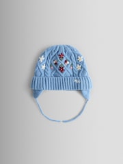 JoJo Maman Bébé Blue Floral Embroidered Cable Hat - Image 1 of 3