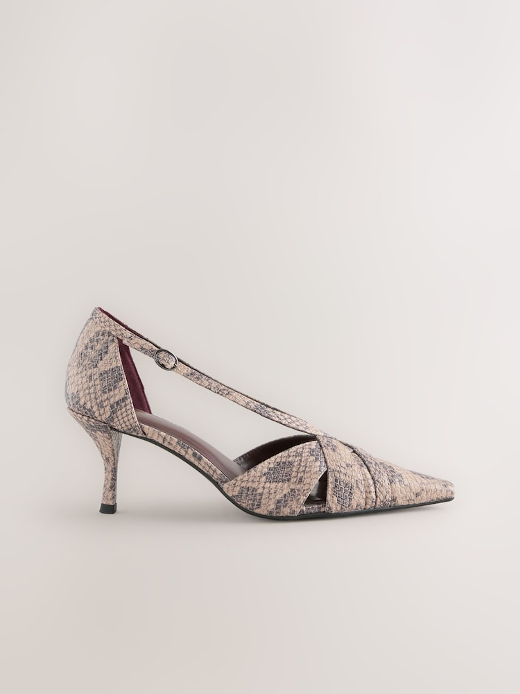 Neutral Snake Forever Comfort® Pointed Toe Strappy Asymmetric Court Heels - Image 1 of 5