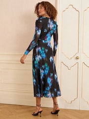 Love & Roses Black Floral Mesh Crew Neck Midi Dress - Image 3 of 4