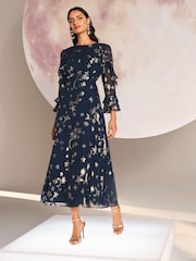 Love & Roses Navy Cosmic Metallic Ruffle Midi Dress - Image 1 of 4