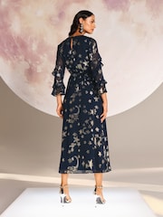 Love & Roses Navy Cosmic Metallic Ruffle Midi Dress - Image 2 of 4